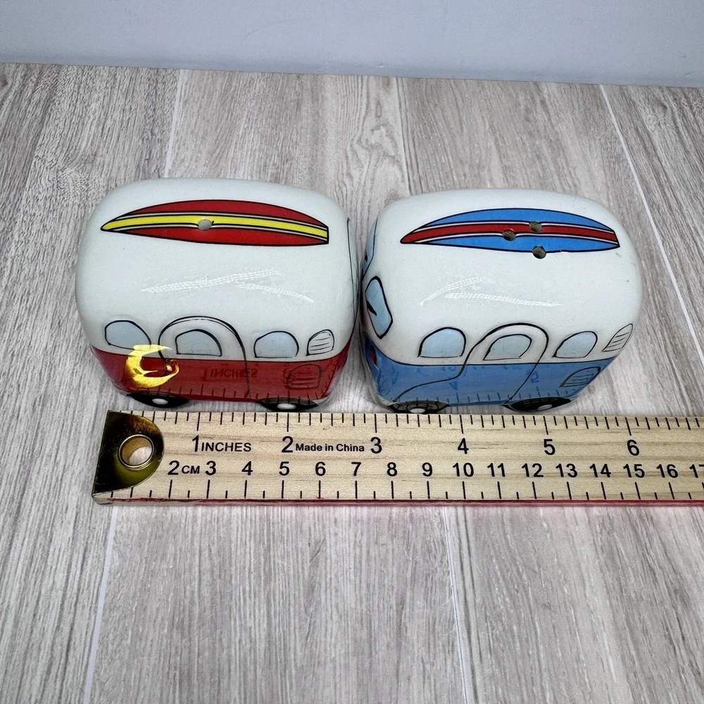 Vintage VW Bus Camper Salt Pepper Shakers Ceramic Red Blue Van Set